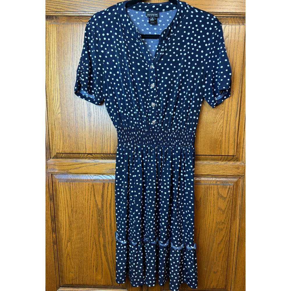 En Focus Studio Size 8 Black and White Polka Dot Dress Elastic Waist Stretch